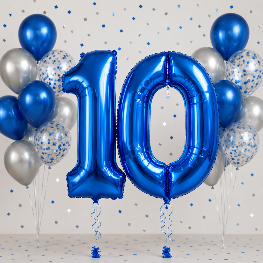 Blue number balloons displaying the number '10', with smaller blue and silver balloons behind it.